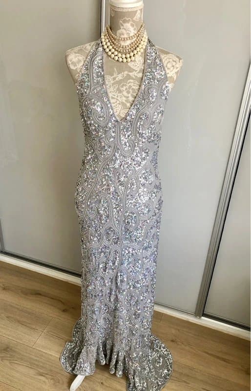 Vintage Dressing Vintage Silver Grey Beaded Evening Dress