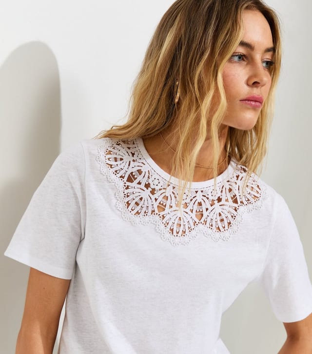 New Look Women's White Linen Rich Lace Trim Boxy Fit T-Shirt New Look - 3