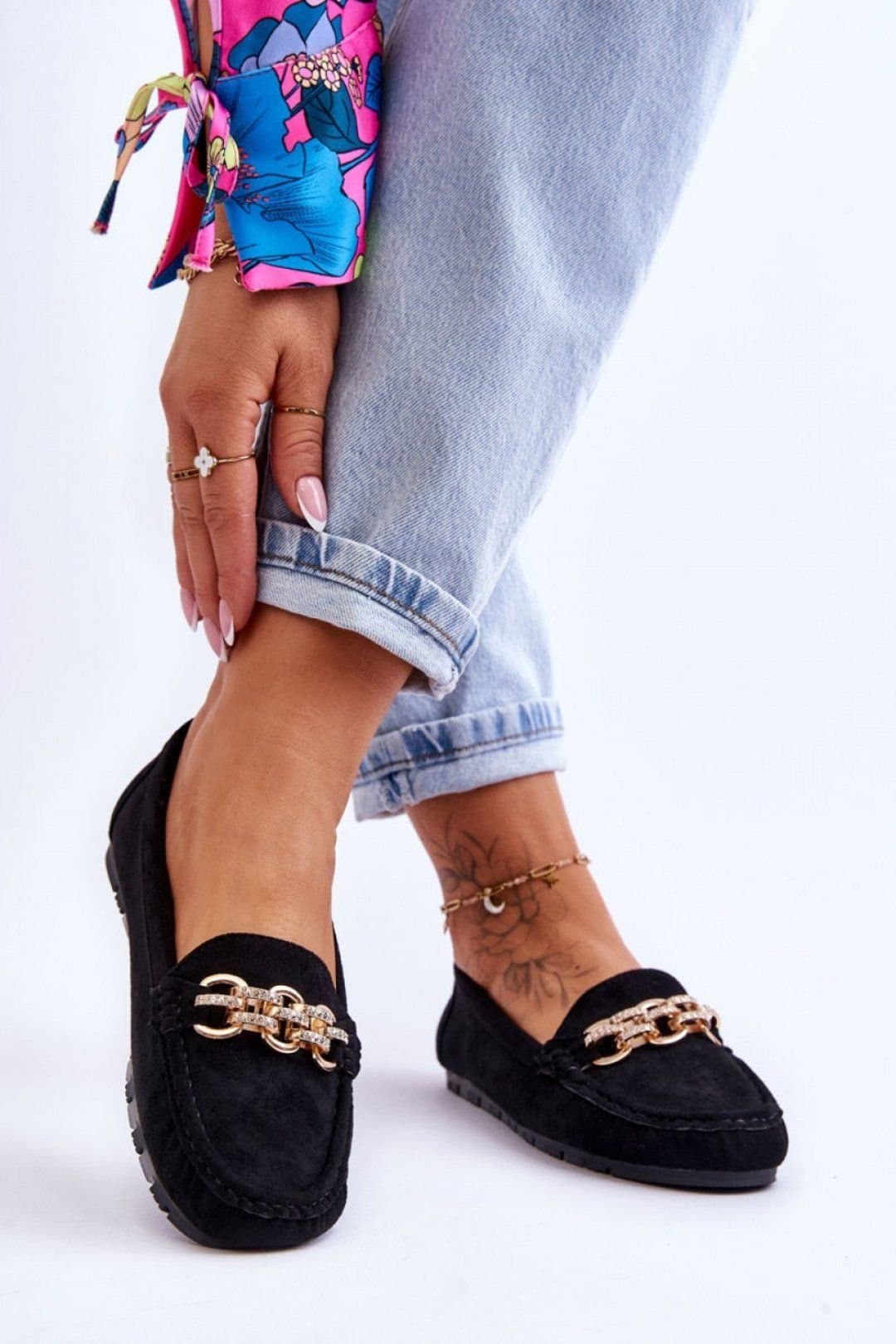 Love Lace Love Lace Women's Suede Moccasin Slip On Platform Shoes with Rhinestone Chain in Black