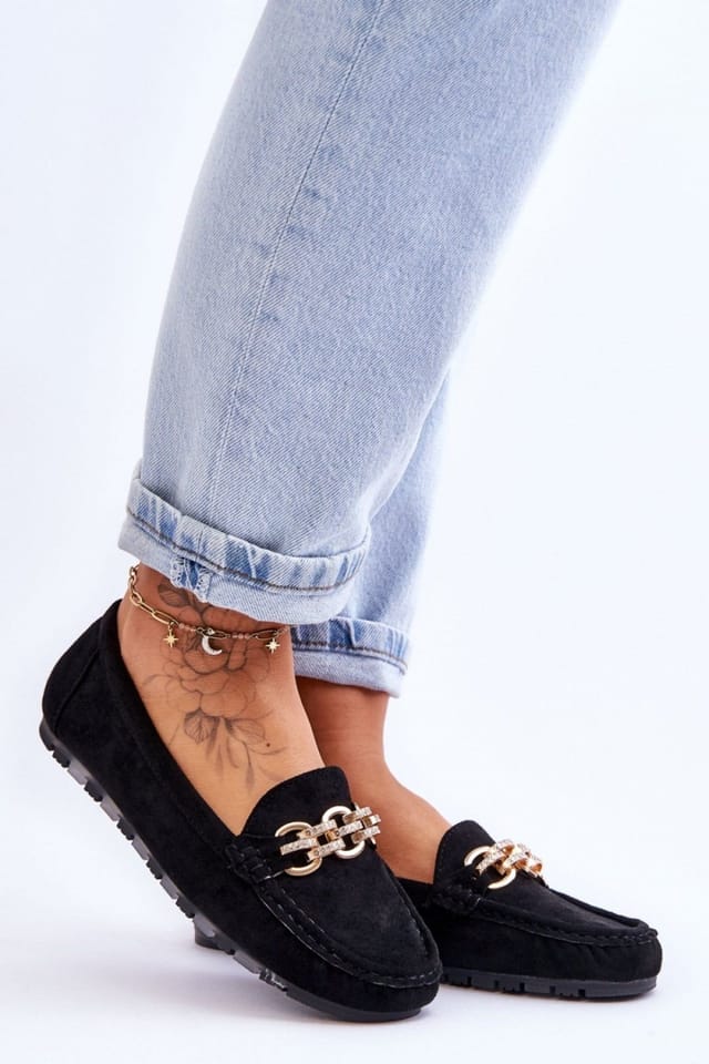 Love Lace Love Lace Women's Suede Moccasin Slip On Platform Shoes with Rhinestone Chain in Black - 2