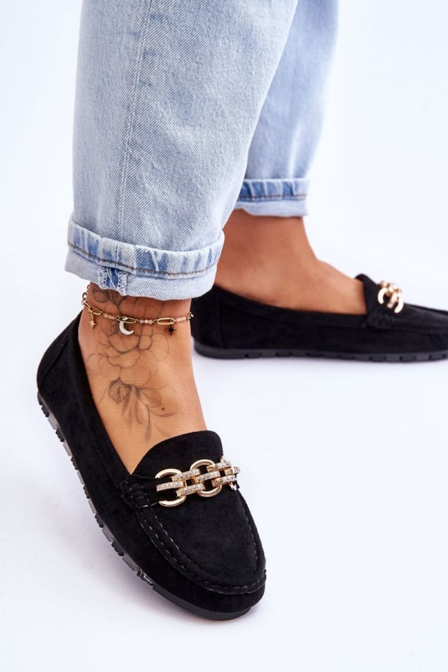 Love Lace Love Lace Women's Suede Moccasin Slip On Platform Shoes with Rhinestone Chain in Black - 3