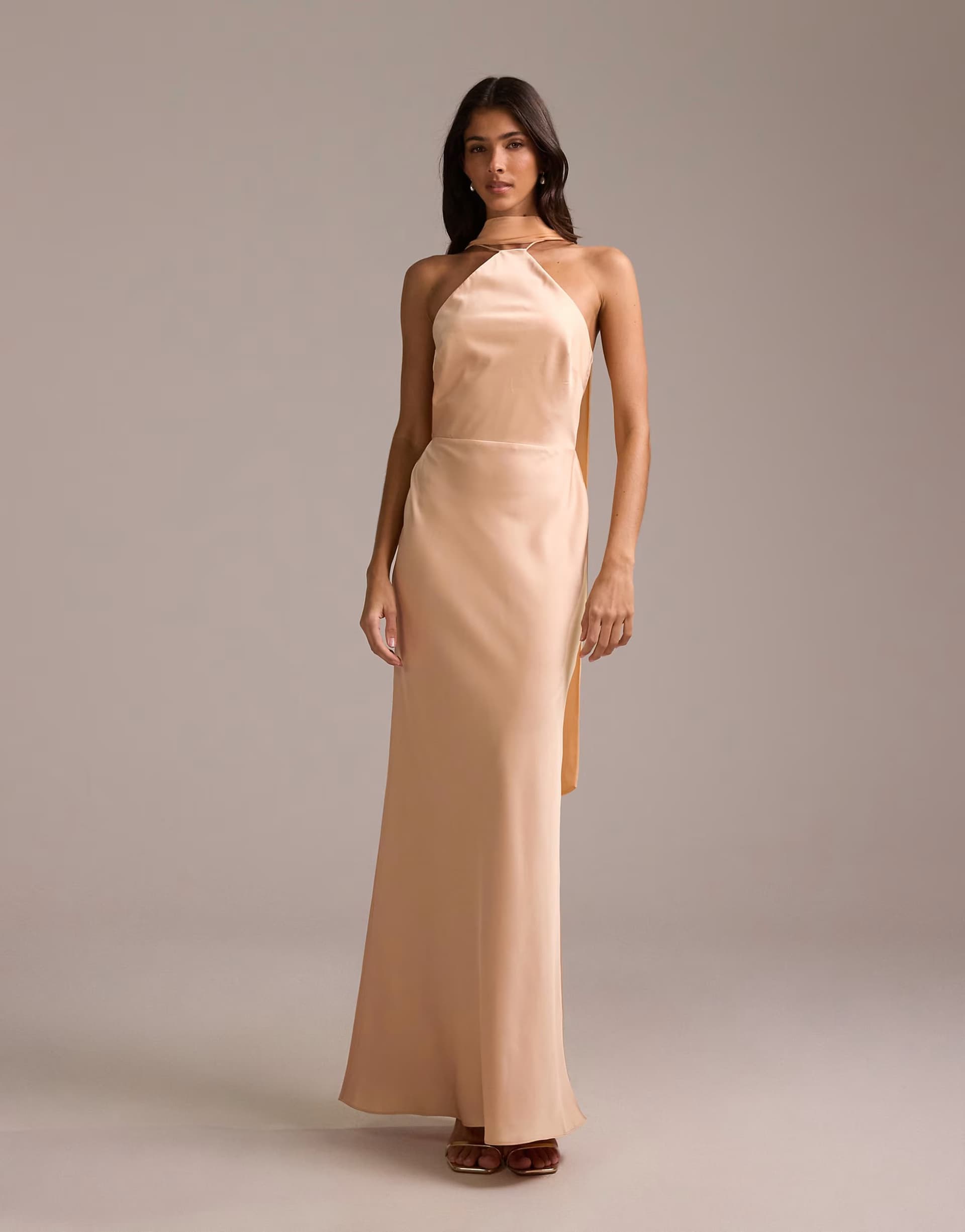 ASOS ASOS DESIGN bridesmaids halter neck satin maxi dress with scarf detail in apricot