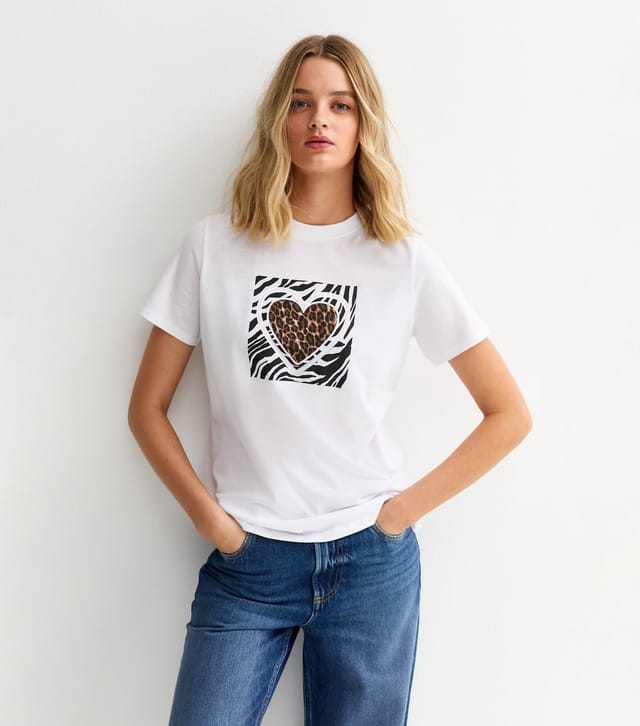 New Look Women's White Animal Heart Print T-Shirt New Look - 3
