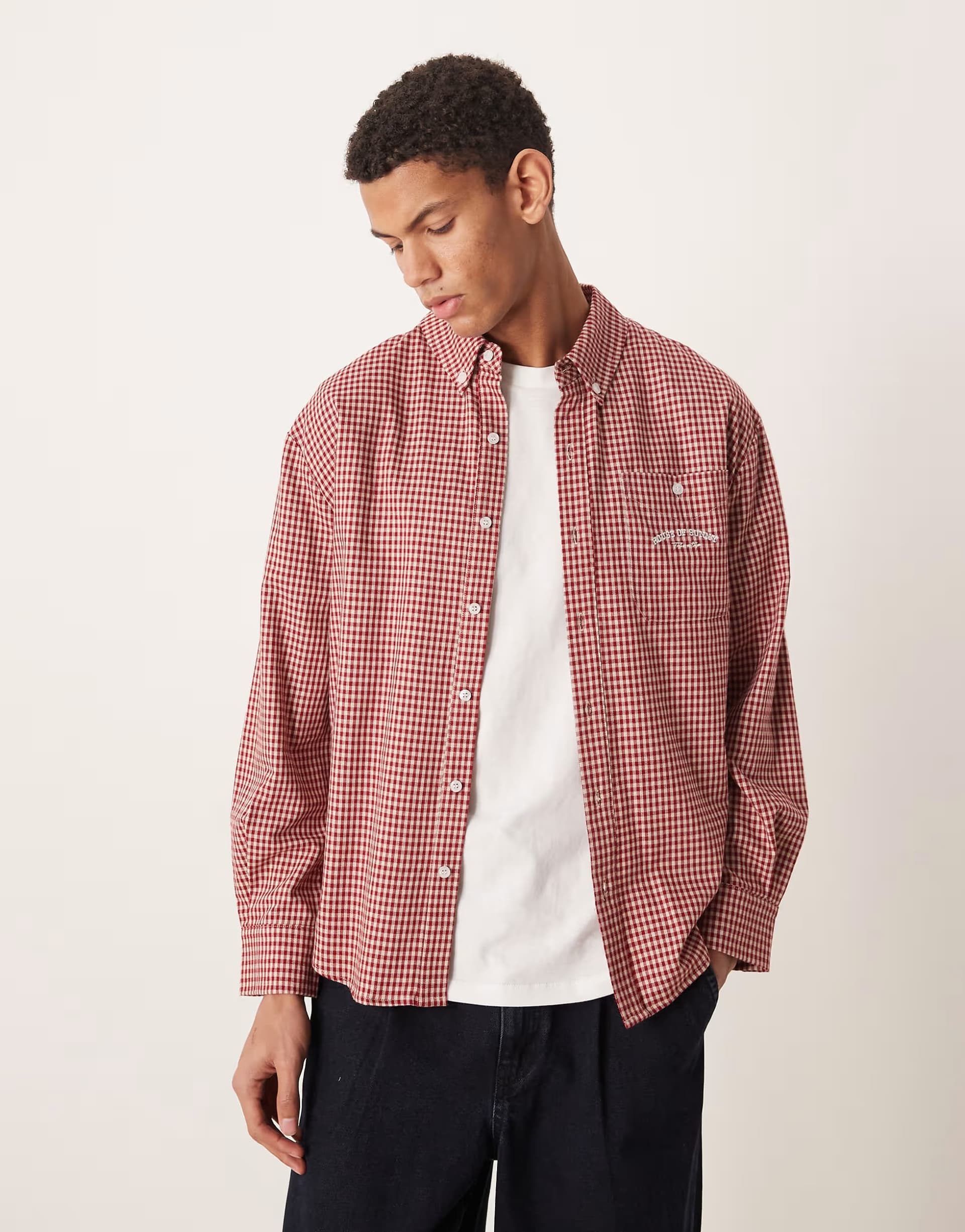 ASOS House of Sunny gingham oversized tailored shirt in ruby check