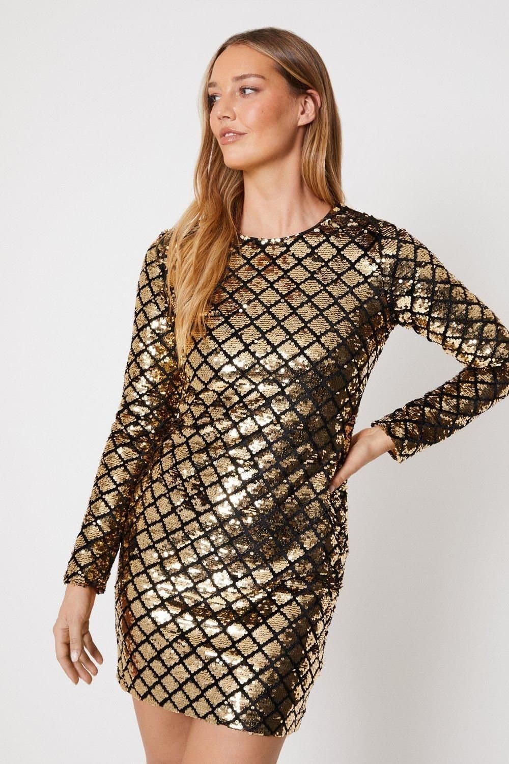 Oasis Oasis Women's Diamond Velvet Sequin Bodycon Mini Dress in Gold