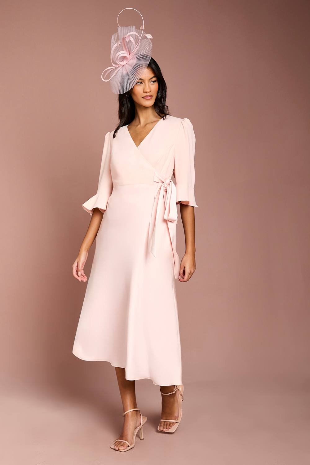 Coast Coast Women's Petite Ruffle Sleeve Satin Back Crepe Wrap Dress in Blush - 2