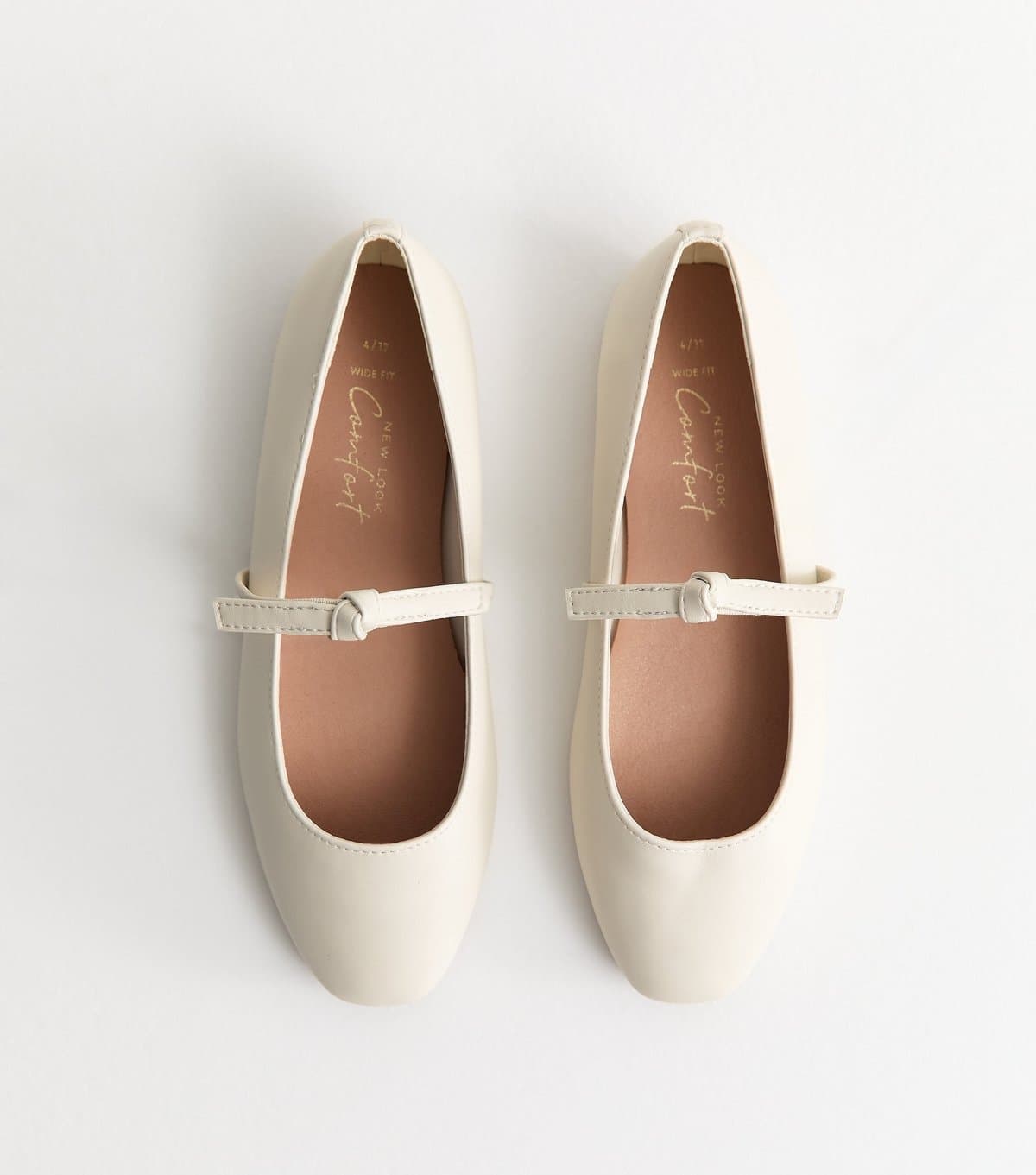 New Look Women's Wide Fit  Off White Faux Leather Bow Strap Mary Jane Flats Vegan New Look