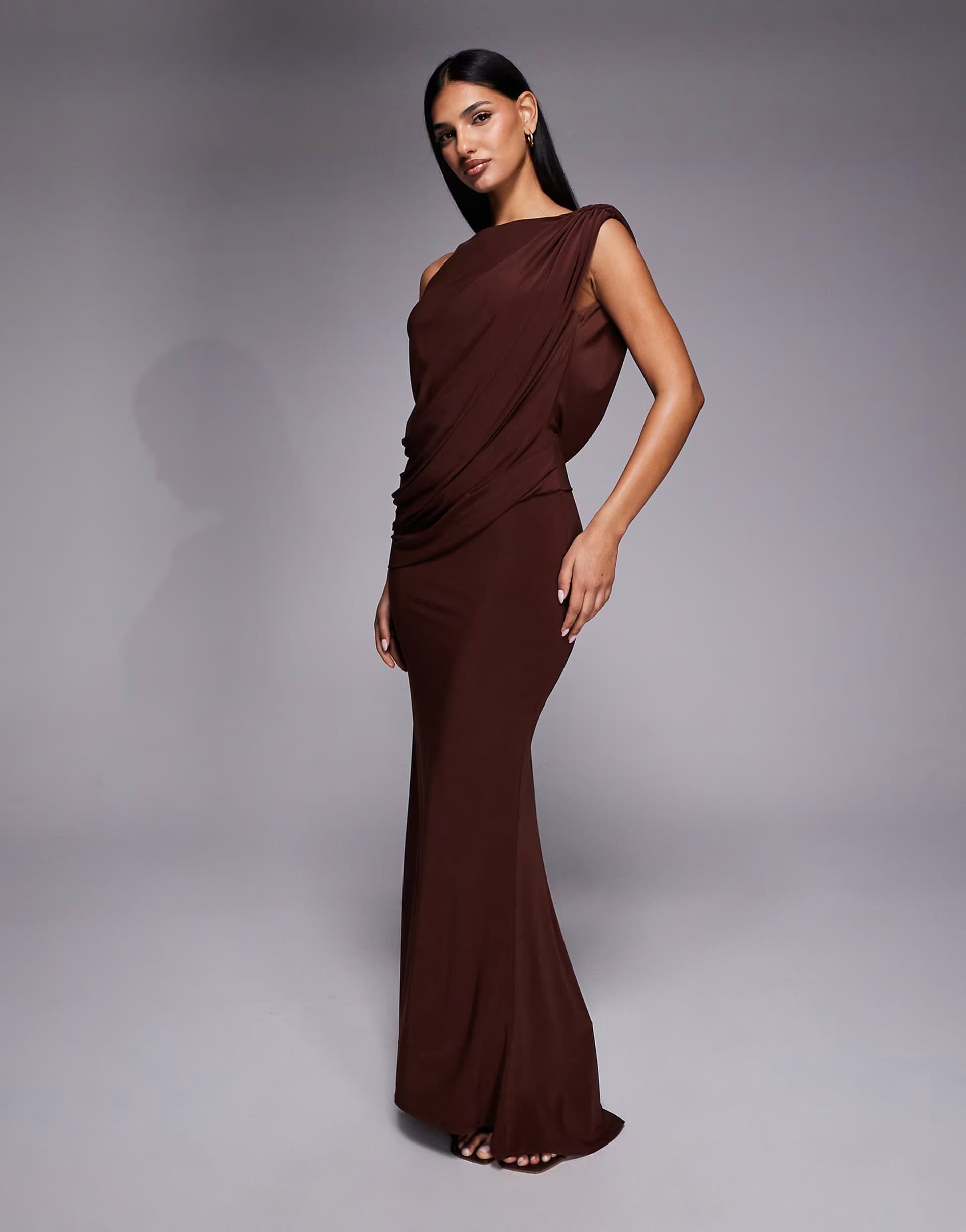 ASOS ASOS DESIGN asymmetric drape maxi dress with cowl back in chocolate