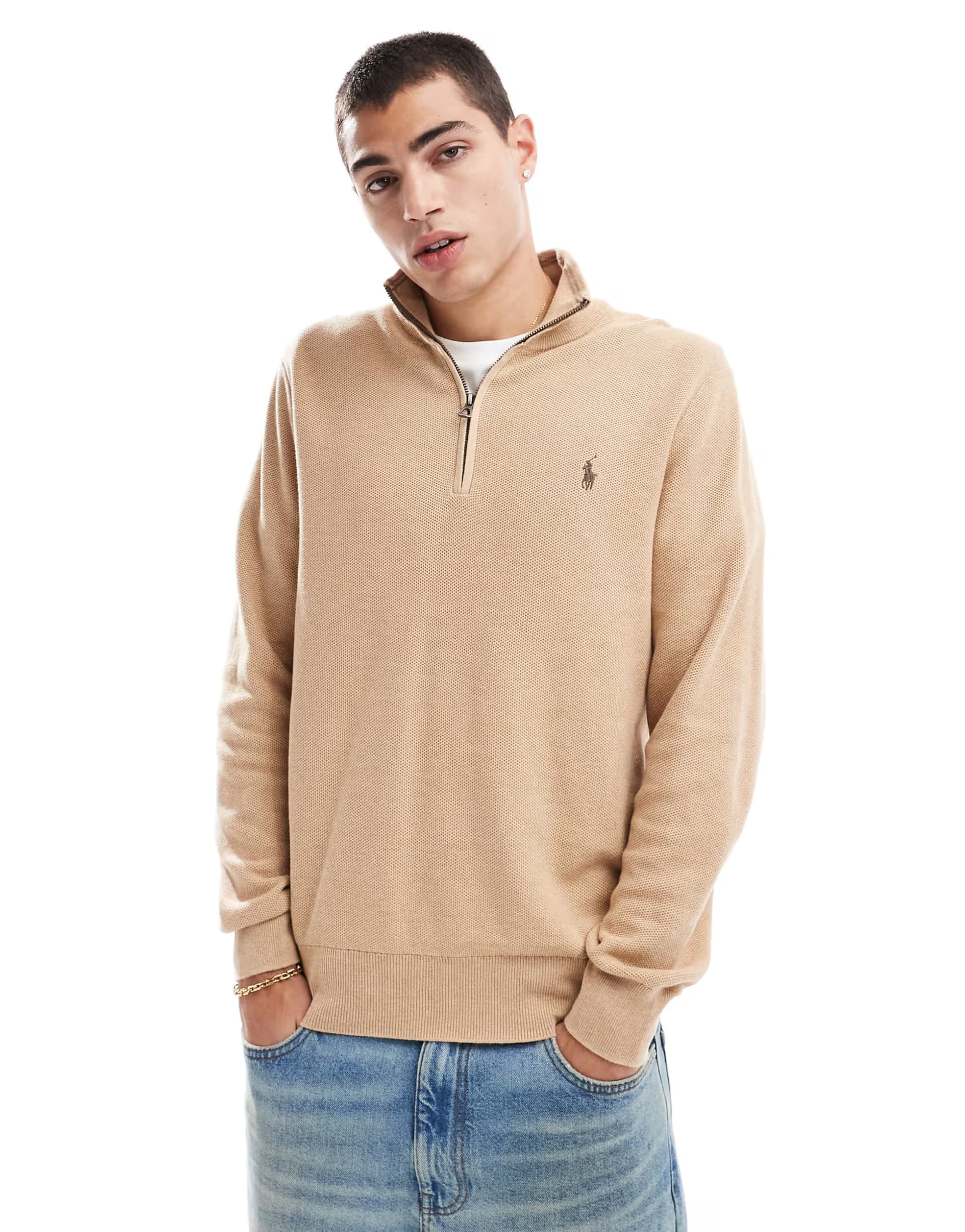 ASOS Polo Ralph Lauren icon logo half zip cotton knit jumper in camel marl