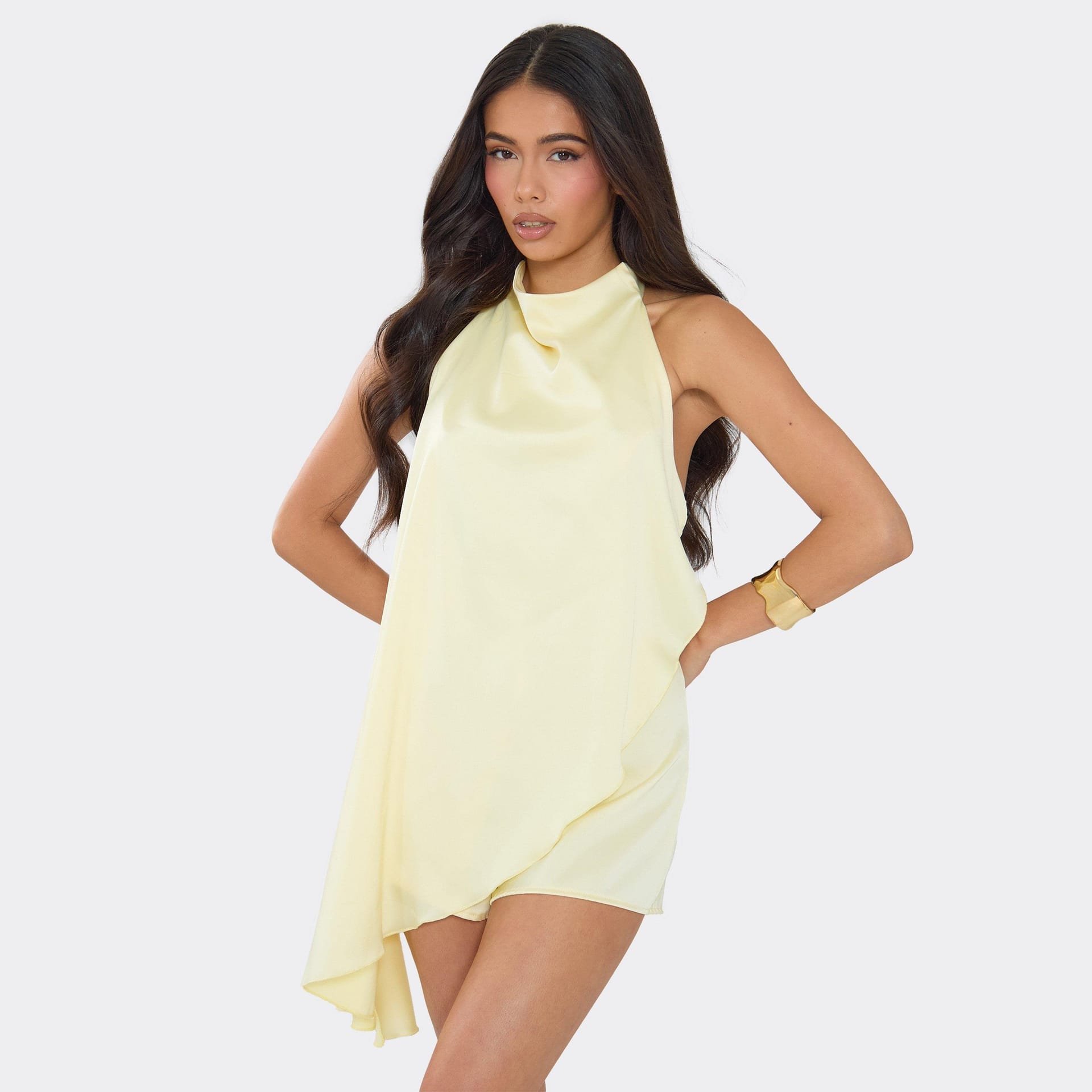 EGO Yellow Satin Asymmetric Drape Detail Playsuit, Women's Size