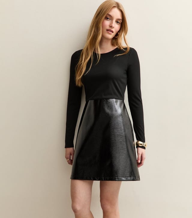 New Look Women's Black Long Sleeve Jersey and Vinyl Mini Dress New Look - 2