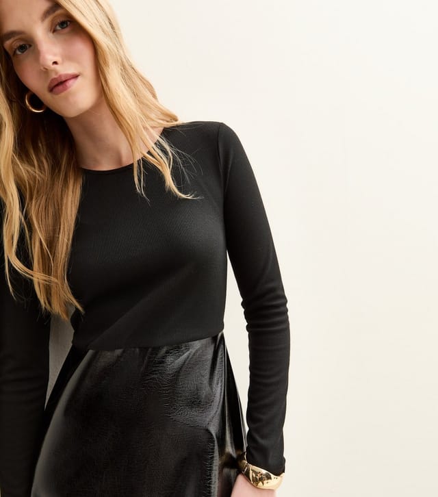 New Look Women's Black Long Sleeve Jersey and Vinyl Mini Dress New Look - 3