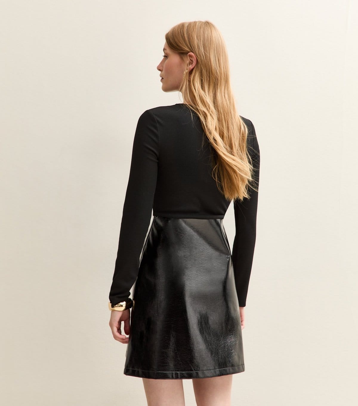 New Look Women's Black Long Sleeve Jersey and Vinyl Mini Dress New Look - 4