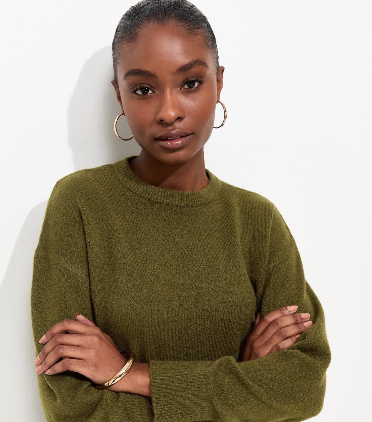 New Look New Look Olive Knitted Longline Relaxed Crew-Neck Jumper