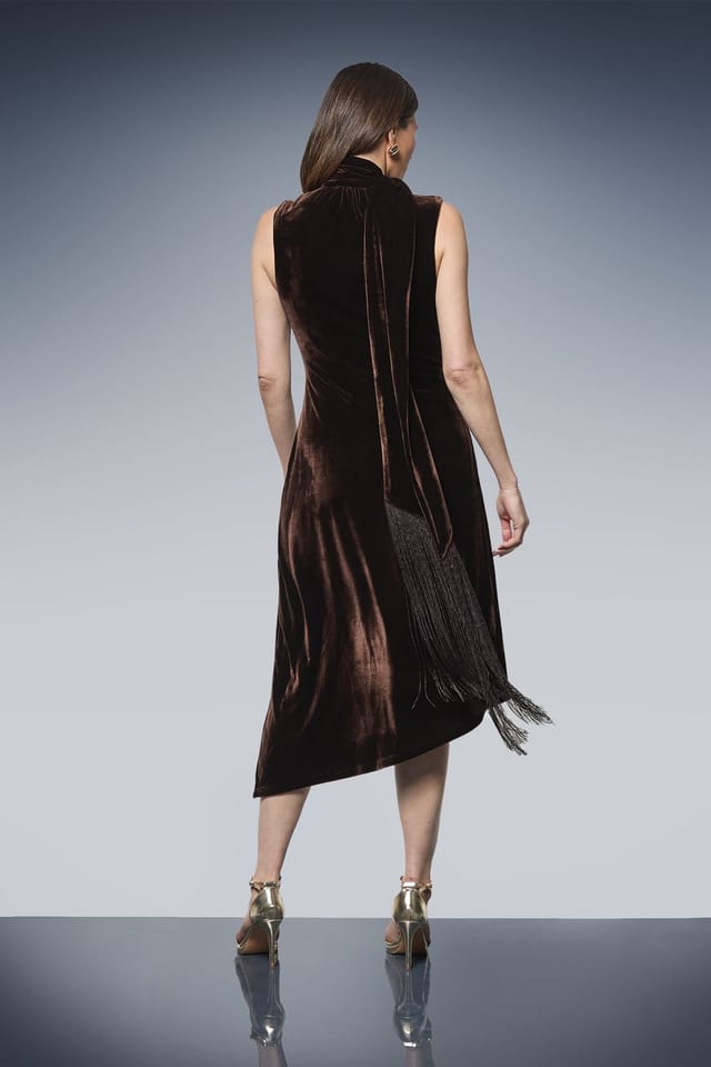 Wallis Wallis Women's Velvet Tie Neck Tassel Midi Dress in Chocolate - 3