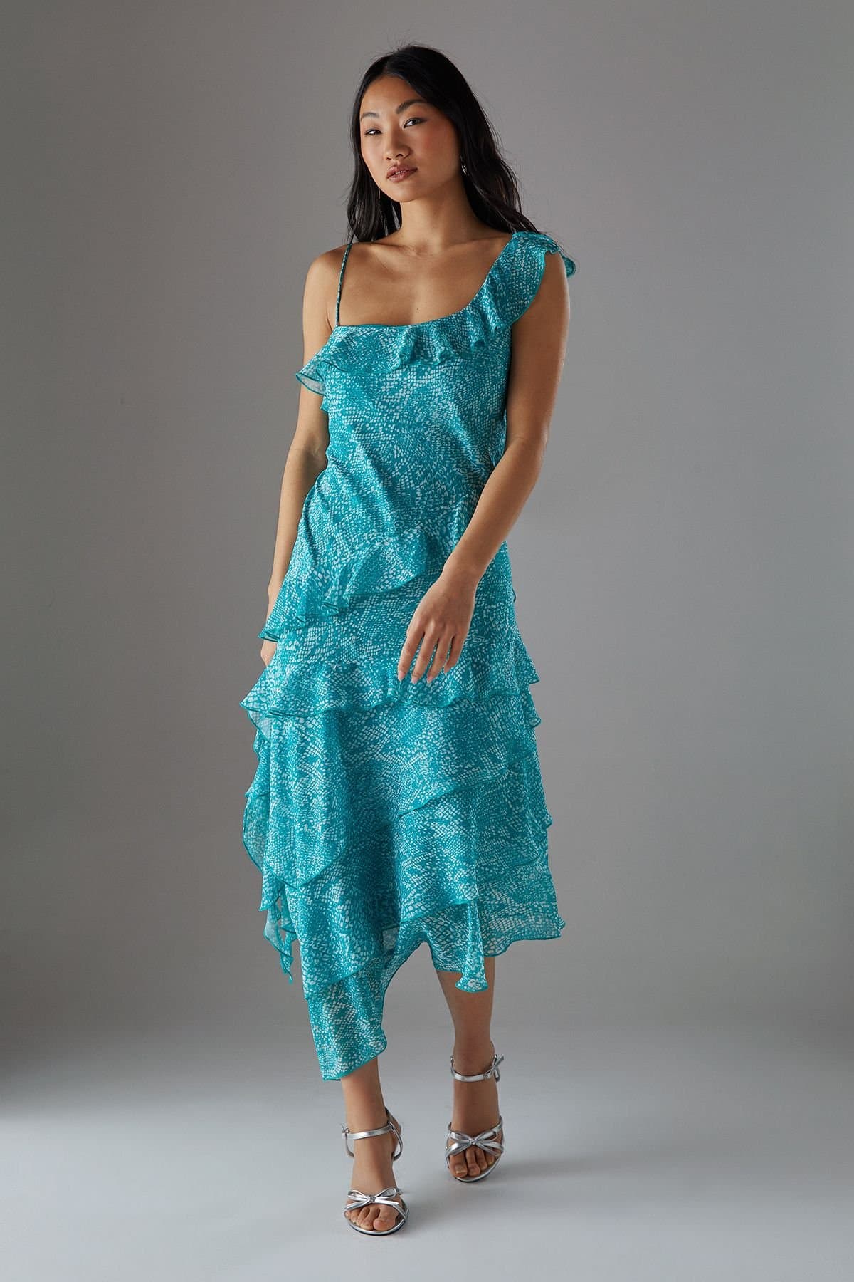 Warehouse Warehouse Women's Petite Chiffon Asymmetric Hem Ruffle Midi Slip Dress in Blue