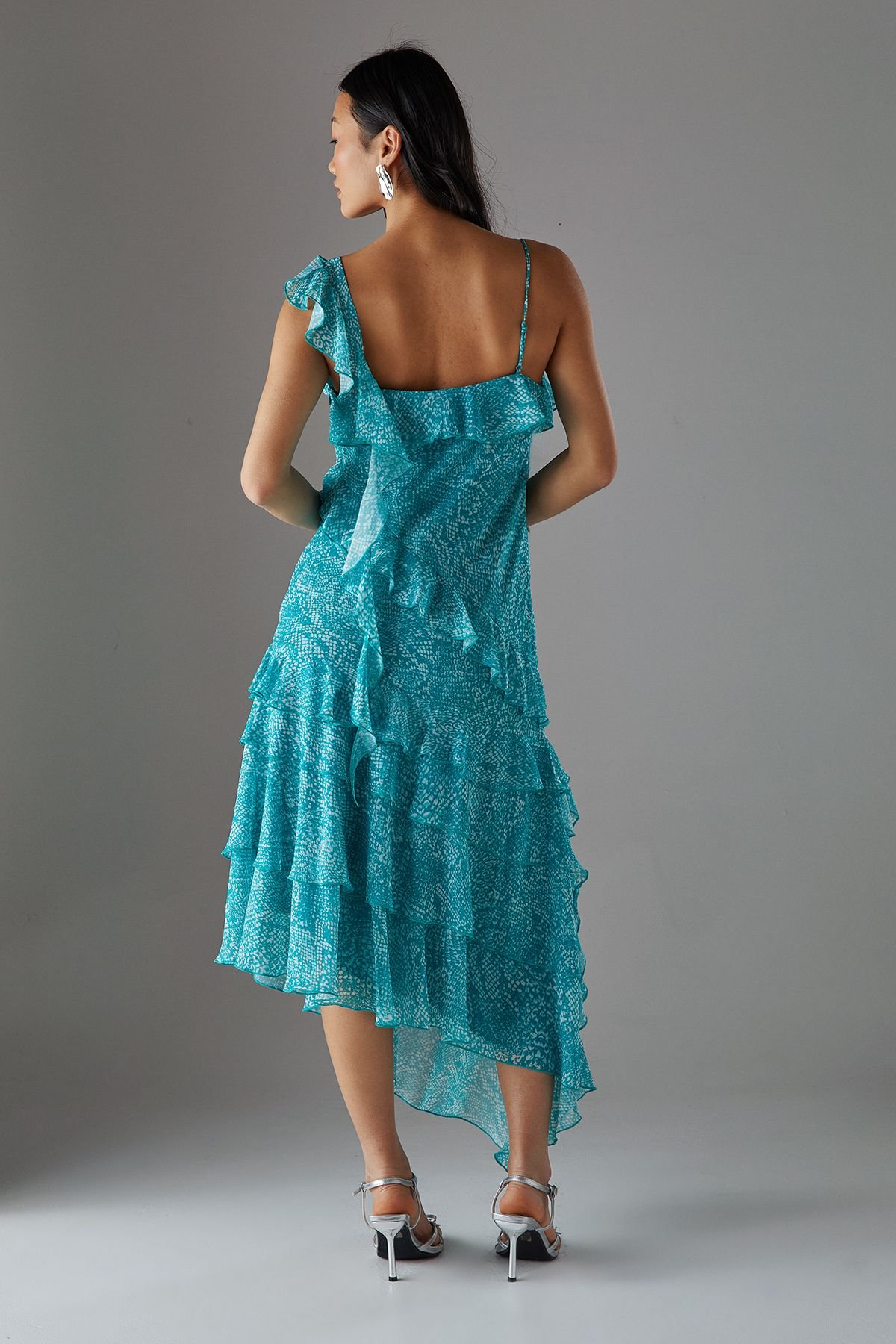 Warehouse Warehouse Women's Petite Chiffon Asymmetric Hem Ruffle Midi Slip Dress in Blue - 4