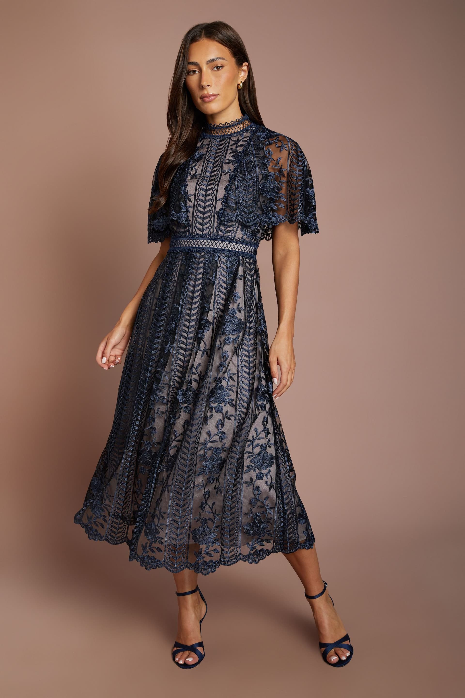 Coast Coast Women's Embroidered Mesh Short Cape Sleeve Midi Dress in Navy