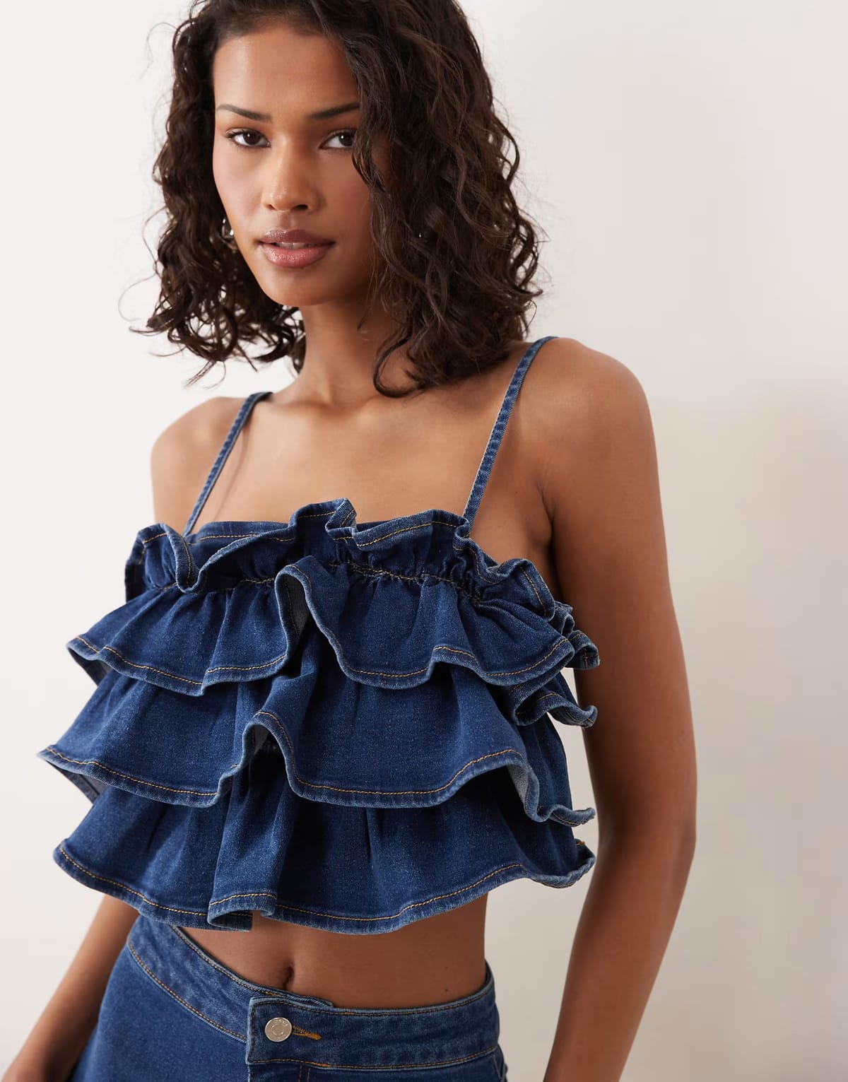 ASOS ASOS DESIGN denim ruffle bandeau top co-ord in dark mid blue - 1