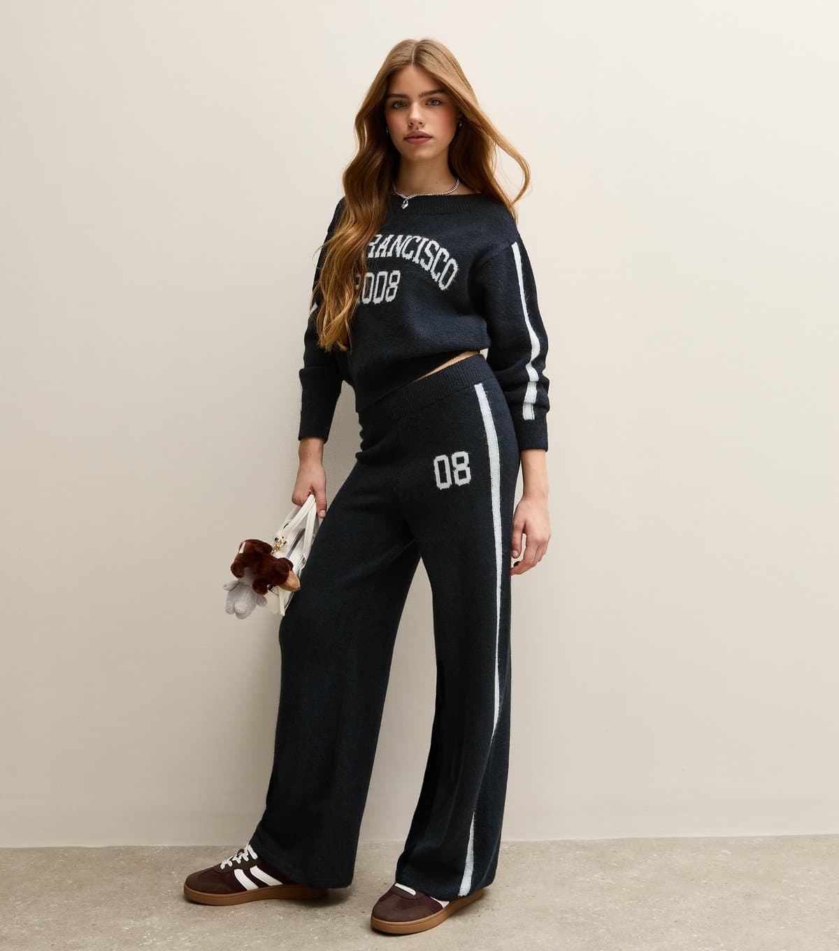 New Look Girls' Navy Knit Side Stripe Wide Leg Joggers School New Look