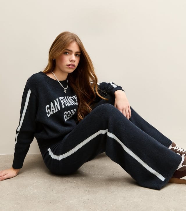New Look Girls' Navy Knit Side Stripe Wide Leg Joggers School New Look - 3