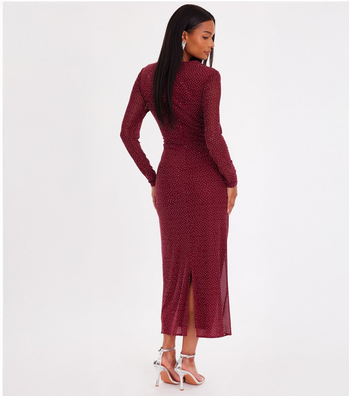 Quiz Women's Dark Red Mesh Rhinestone Midaxi Dress Quiz New Look - 3