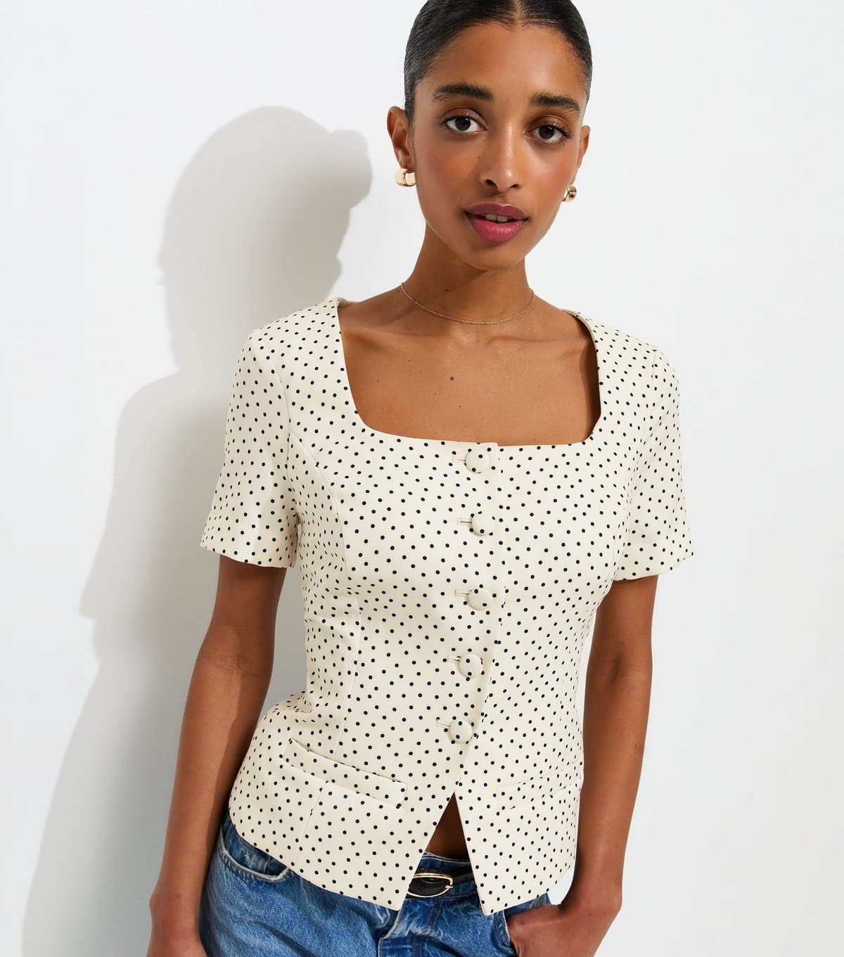 New Look Women's White Spot Print Square Neck Short Sleeve Blazer New Look