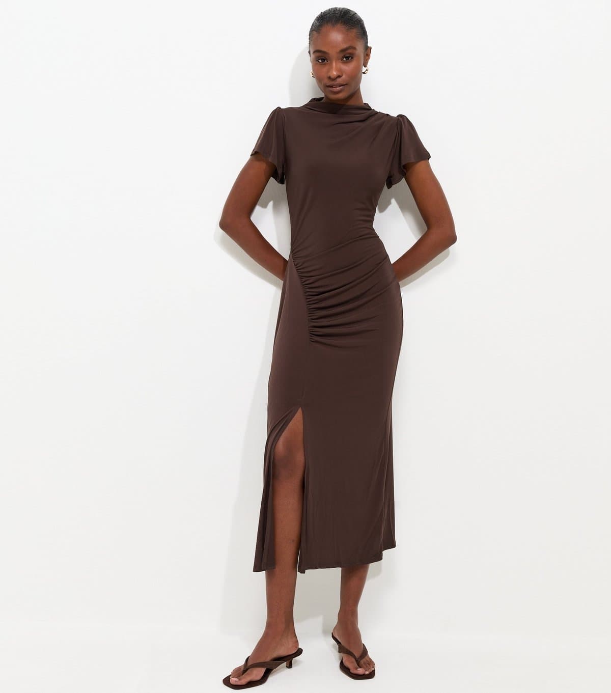New Look Women's Dark Brown Ruched Split Short Sleeve Midi Dress New Look