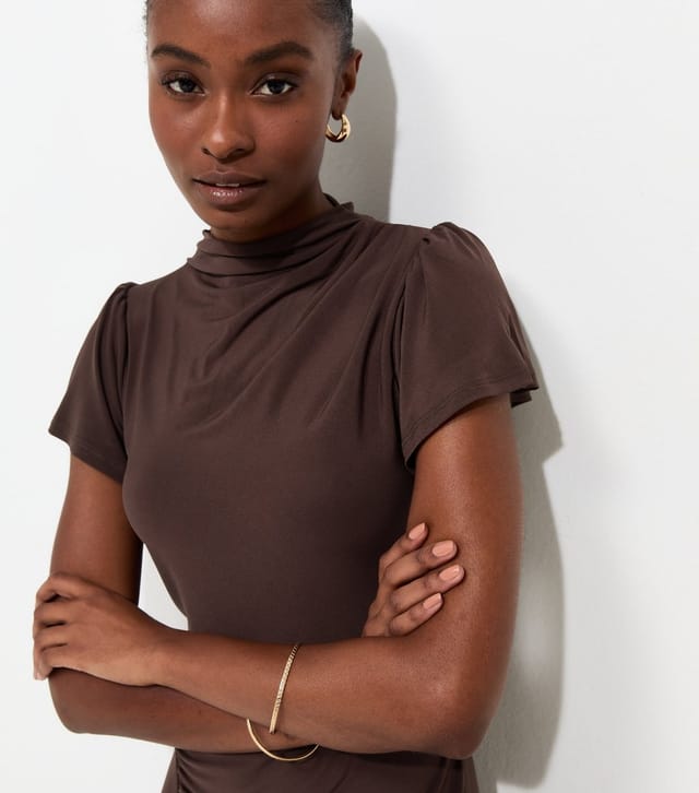 New Look Women's Dark Brown Ruched Split Short Sleeve Midi Dress New Look - 2