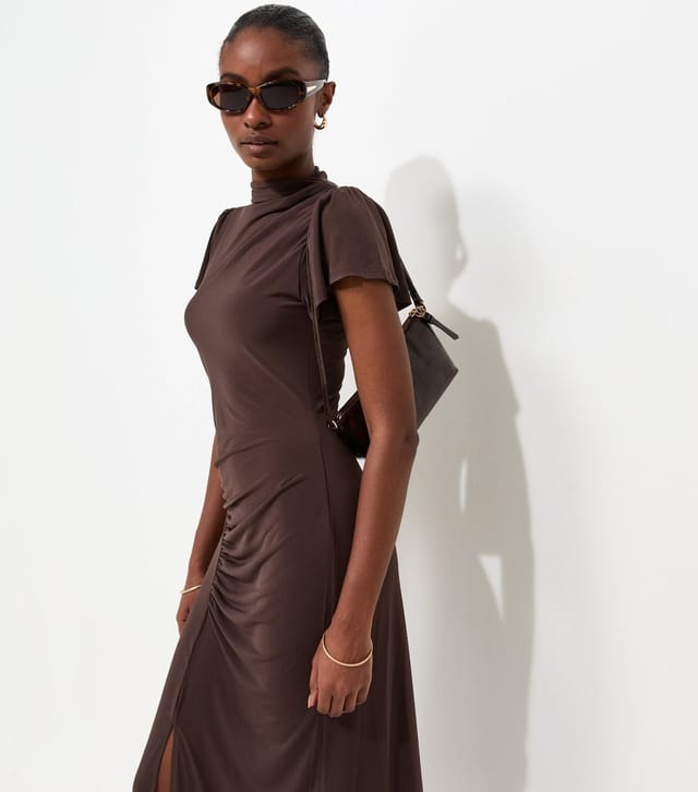 New Look Women's Dark Brown Ruched Split Short Sleeve Midi Dress New Look - 3