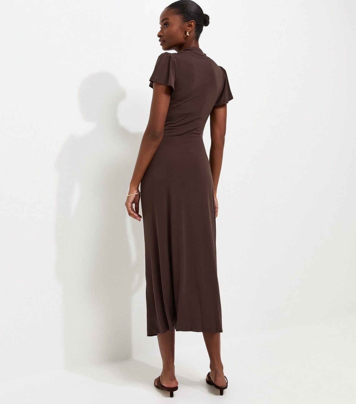 New Look Women's Dark Brown Ruched Split Short Sleeve Midi Dress New Look - 4
