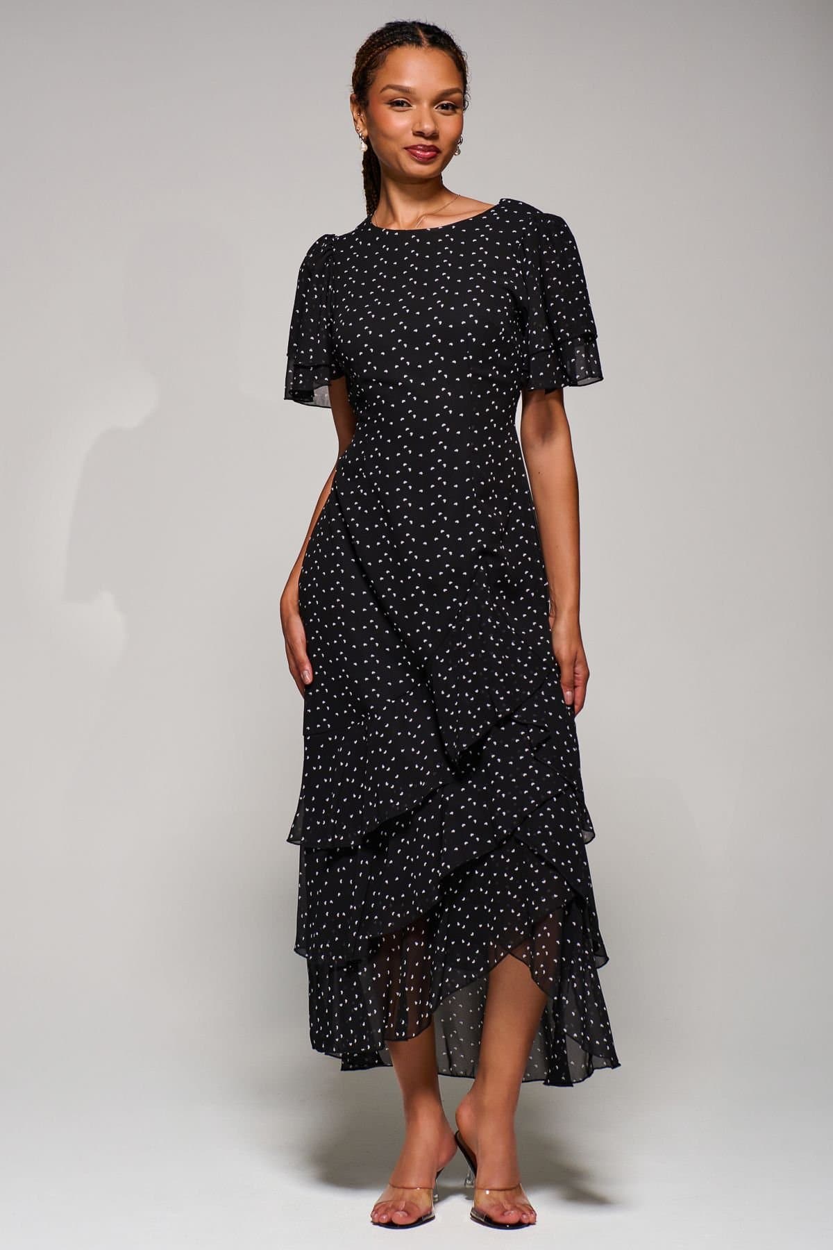 Jolie Moi Jolie Moi Women's Ruffle Detail Chiffon Midaxi Dress in Black