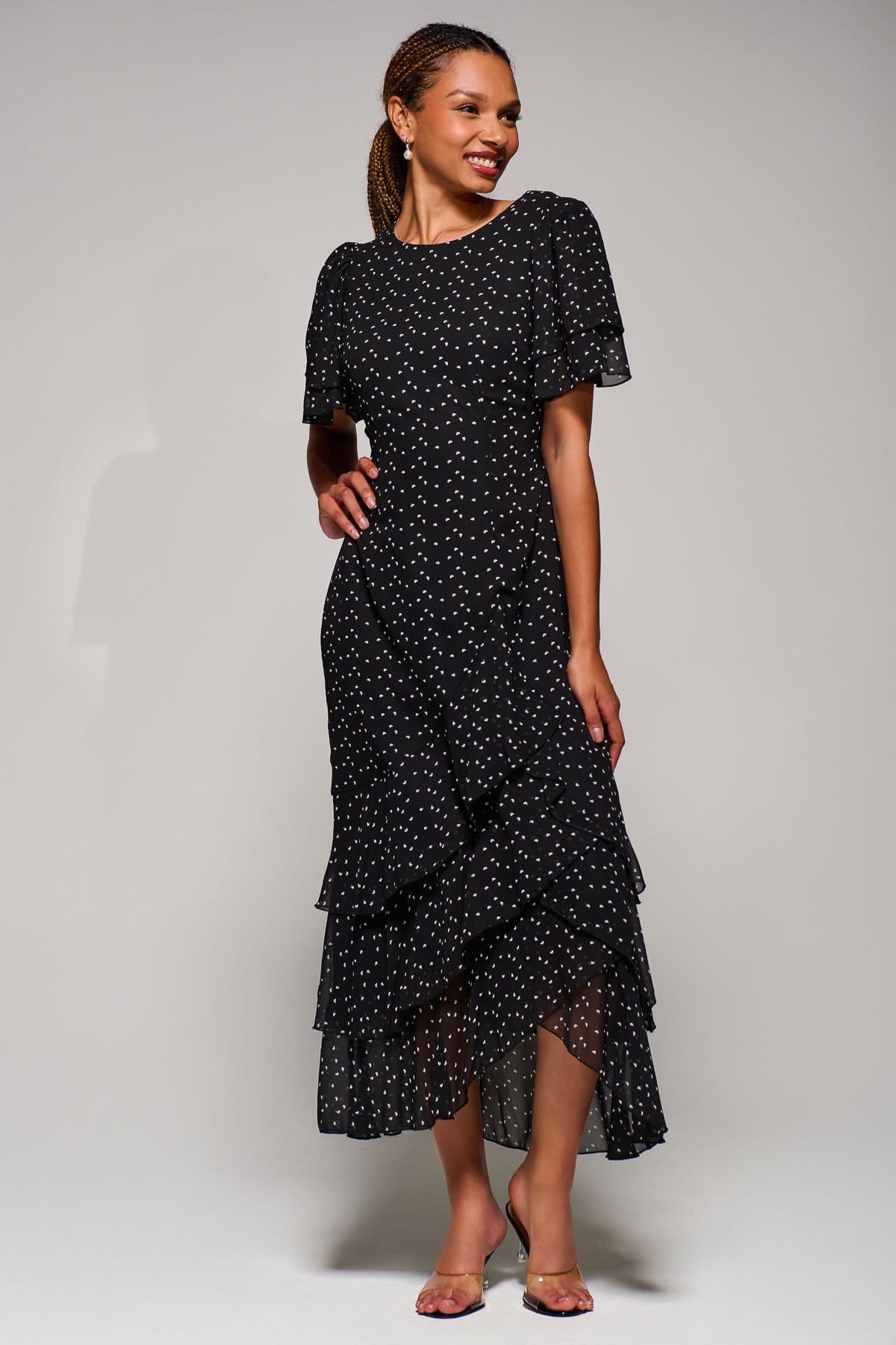Jolie Moi Jolie Moi Women's Ruffle Detail Chiffon Midaxi Dress in Black - 4