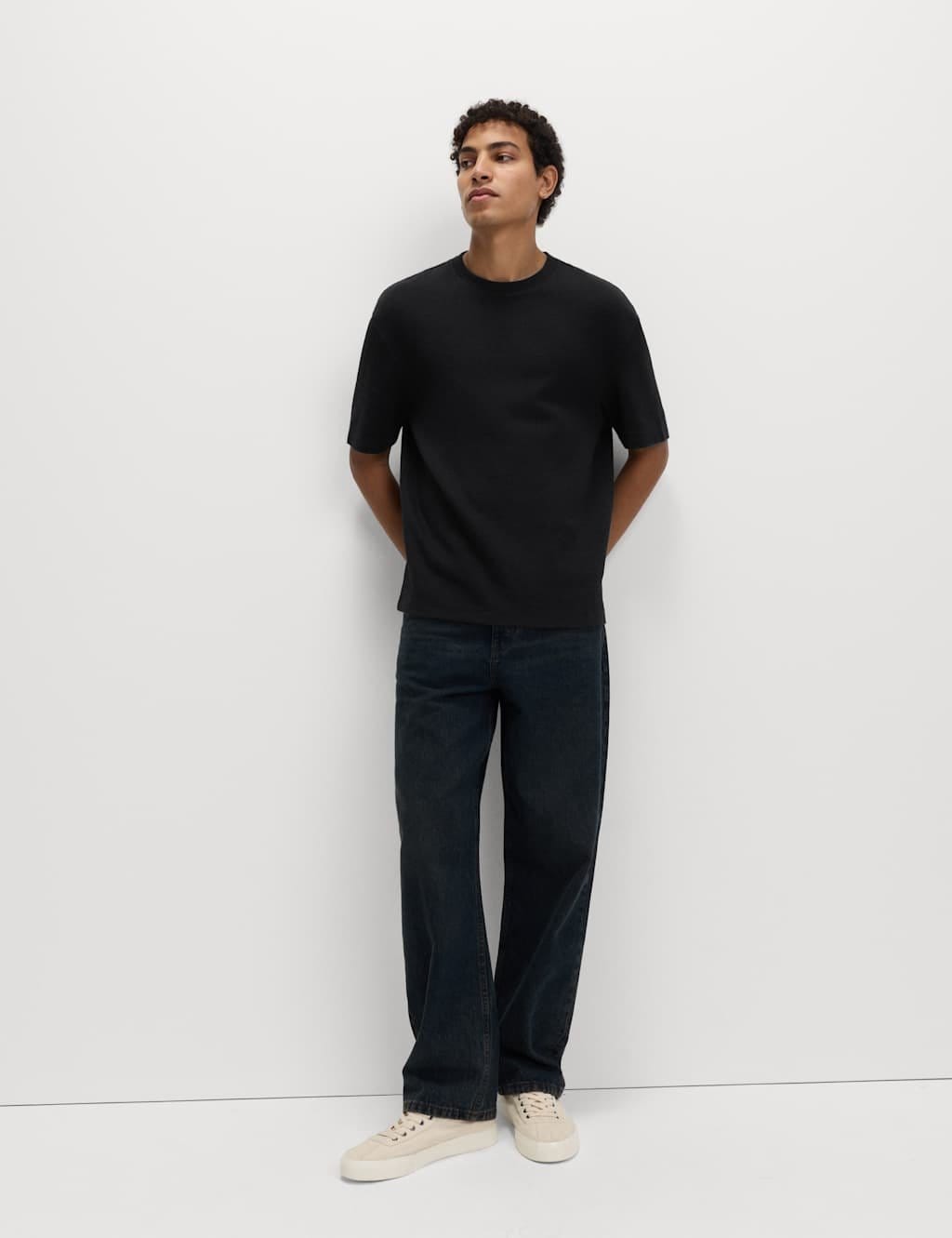 Marks & Spencer M&S Relaxed Pure Cotton Waffle T-Shirt Black - 1