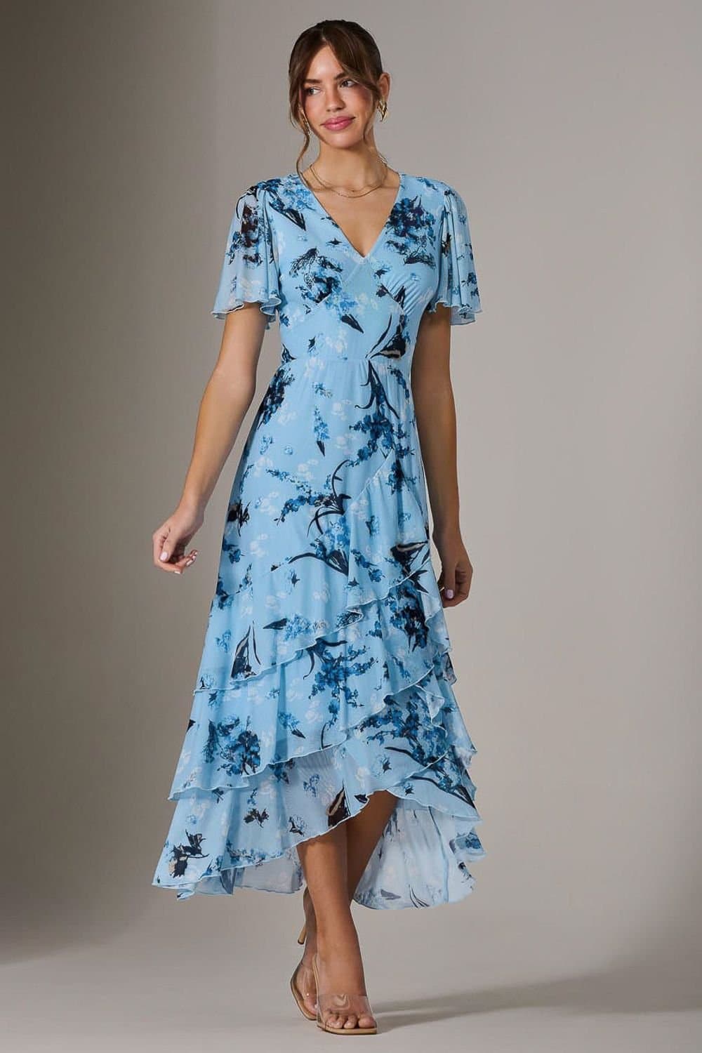 Jolie Moi Jolie Moi Women's Mesh Print Frill Hem Midaxi Dress in Baby Blue