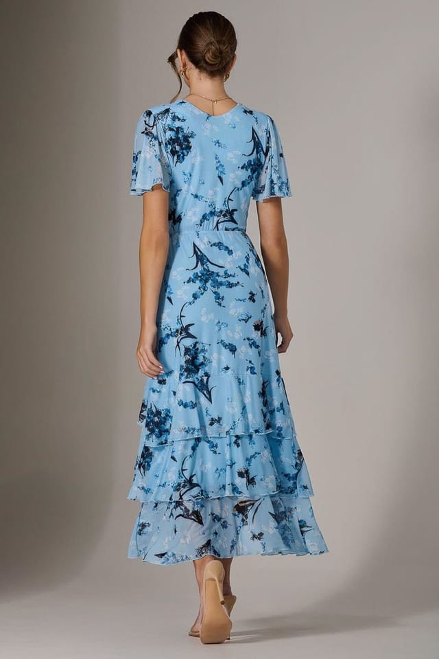 Jolie Moi Jolie Moi Women's Mesh Print Frill Hem Midaxi Dress in Baby Blue - 2