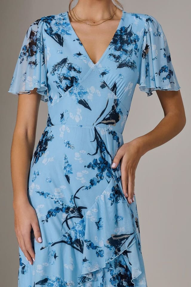 Jolie Moi Jolie Moi Women's Mesh Print Frill Hem Midaxi Dress in Baby Blue - 3