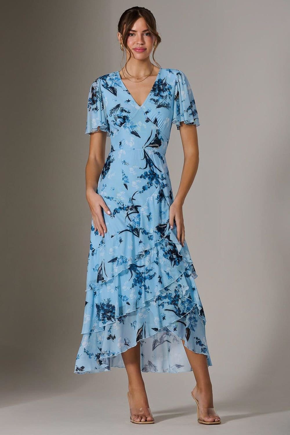 Jolie Moi Jolie Moi Women's Mesh Print Frill Hem Midaxi Dress in Baby Blue - 4