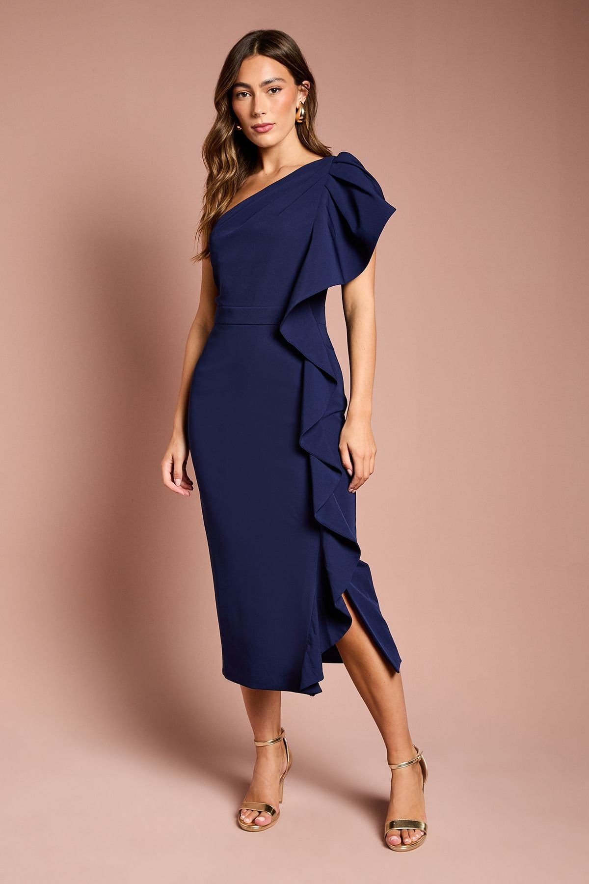 Coast Navy Crepe One Shoulder Ruffle Midi Dress