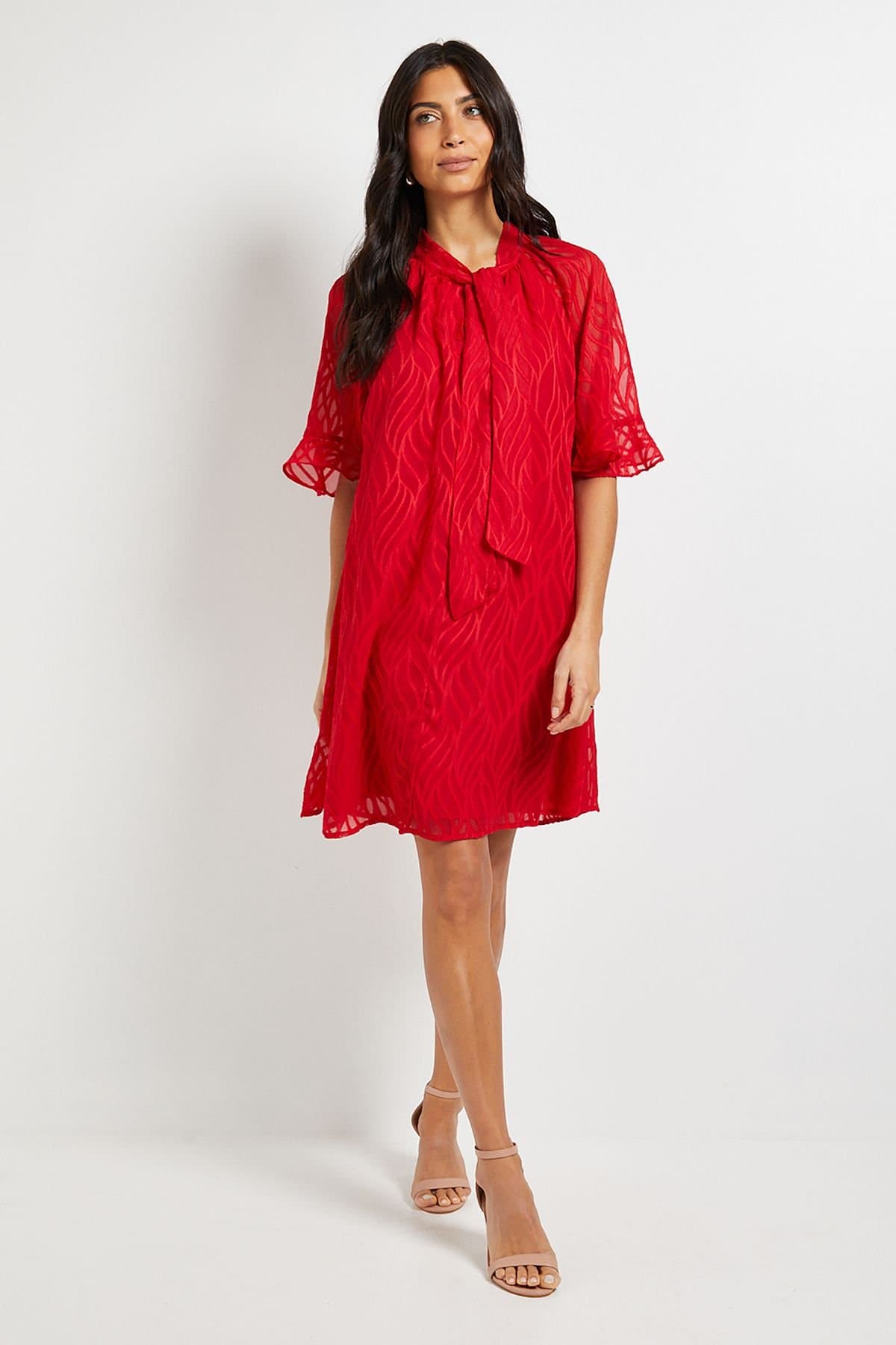 Wallis Wallis Women's Burn Out Cape Sleeve Shift Dress in Red
