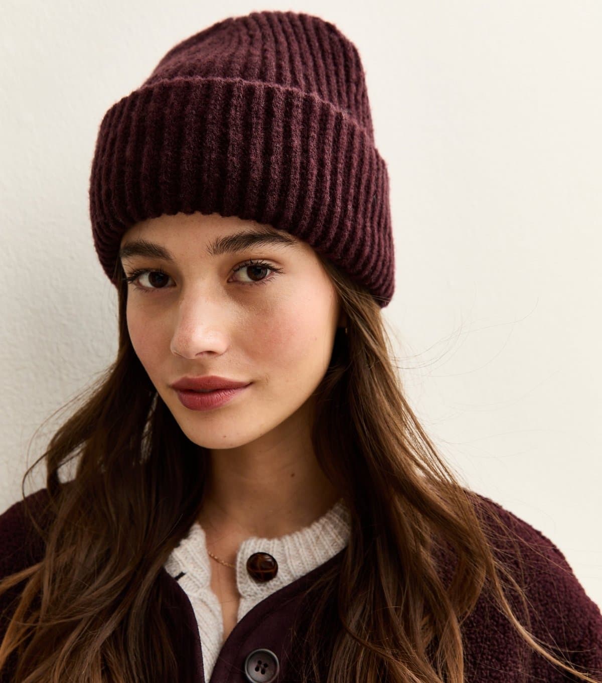 New Look New Look Dark Burgundy Chunky Ribbed Knit Beanie