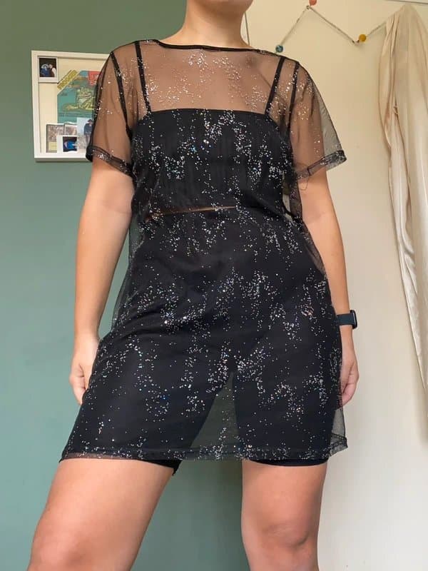 New Look Glittery short sleeve mesh dress