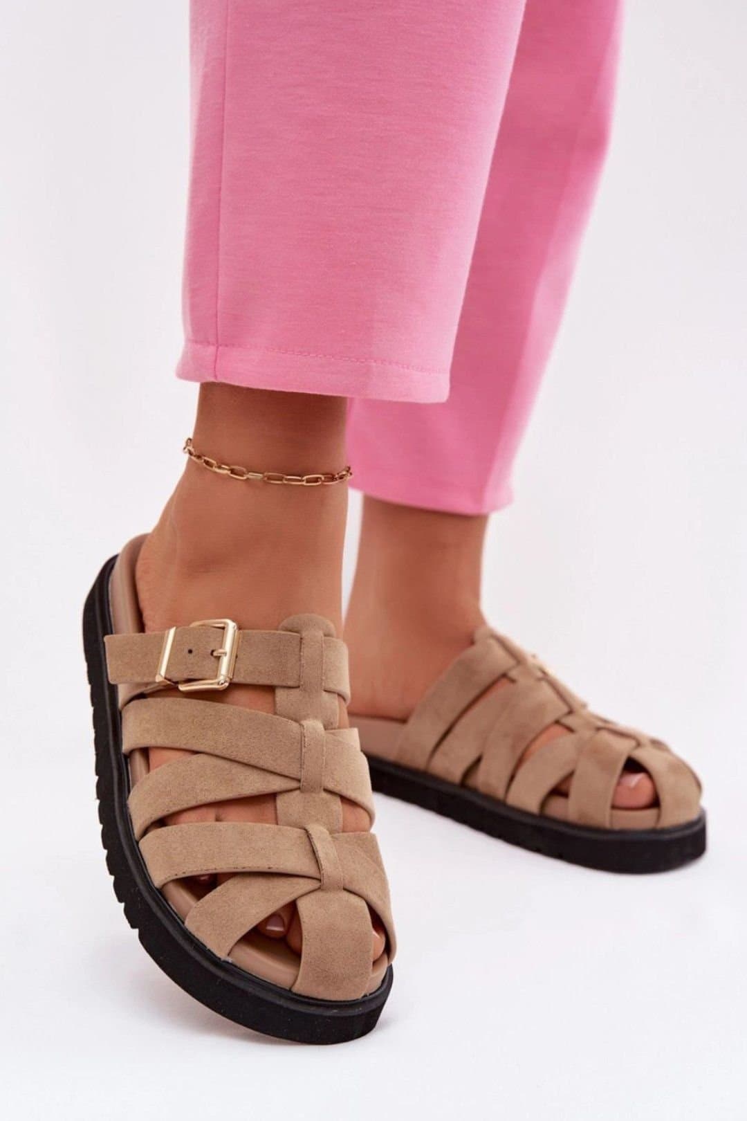 Love Lace Love Lace Women's Elegant Suede Like Platform Slippers with Gold Buckle Straps in Beige