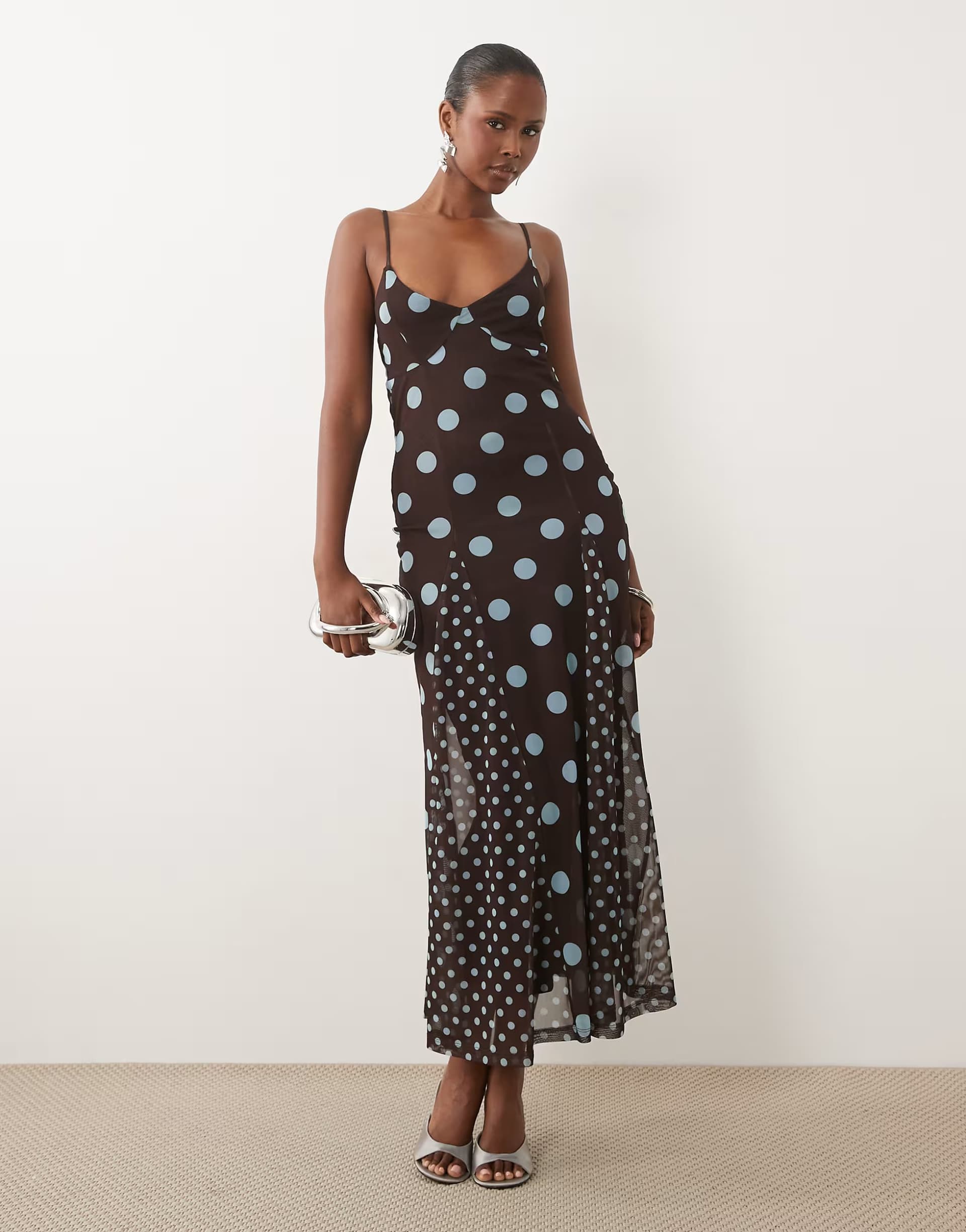 ASOS ASOS DESIGN mix polka dot scarf detail midi dress blue and brown