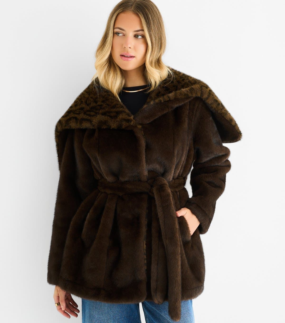 Gini London Women's Brown Faux Fur Leopard Print Trim Coat Gini London New Look