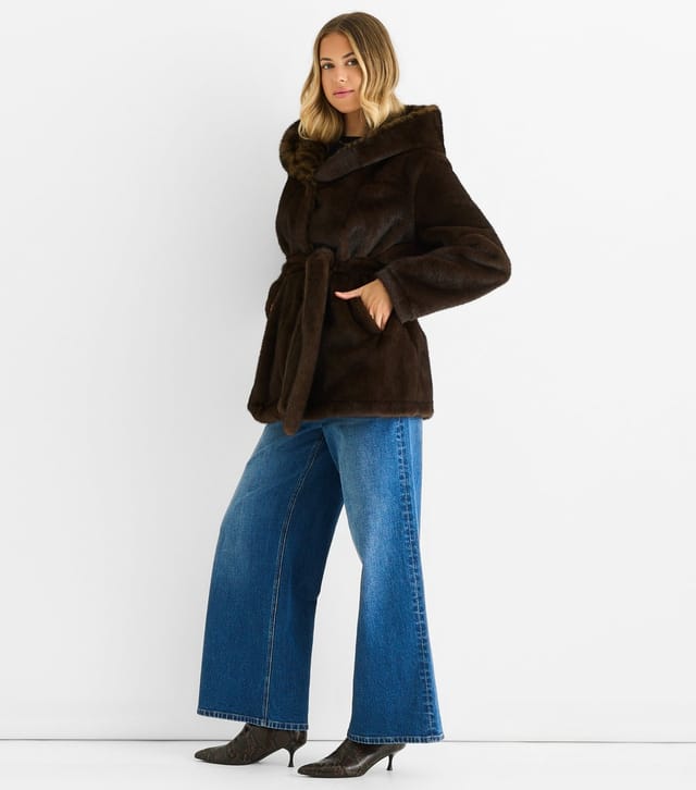 Gini London Women's Brown Faux Fur Leopard Print Trim Coat Gini London New Look - 3