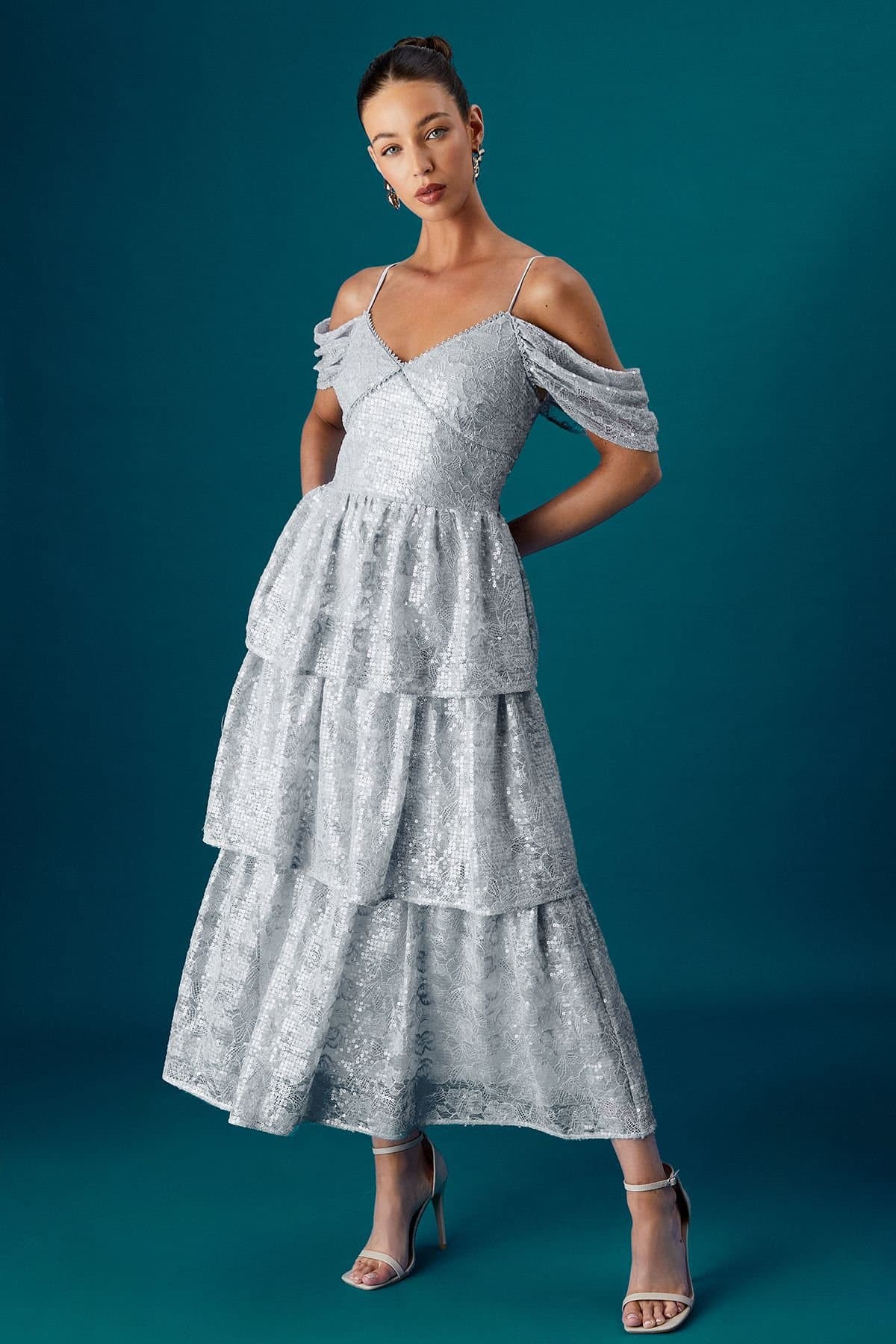 Coast Coast Women's Muse Lace Sequin Tiered Dress in Blue