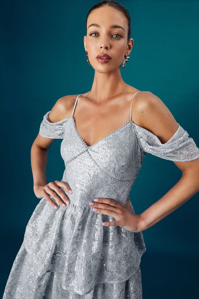 Coast Coast Women's Muse Lace Sequin Tiered Dress in Blue - 2