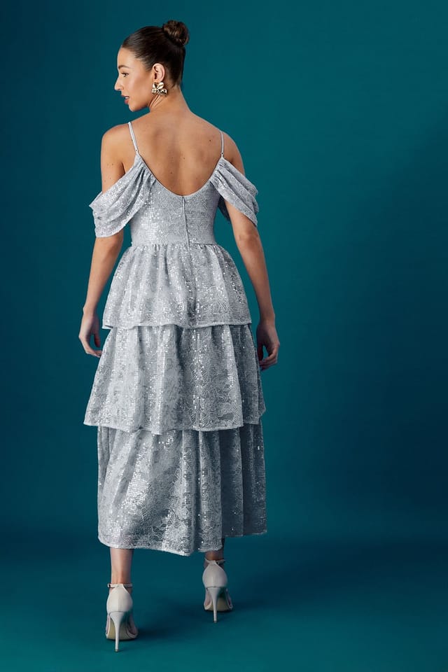 Coast Coast Women's Muse Lace Sequin Tiered Dress in Blue - 3