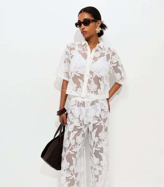 New Look Women's Premium White Embroidered Netted Floral Lace Beach Shirt New Look - 2
